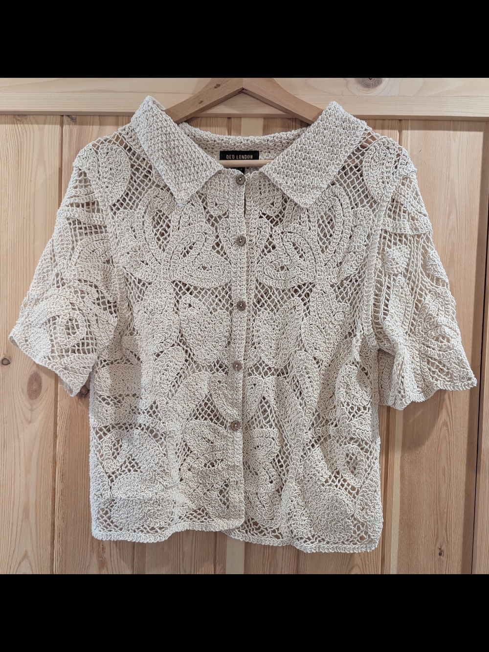 QED London Crochet Button-Down Short Sleeve Top - Cream - Picture 2 of 9
